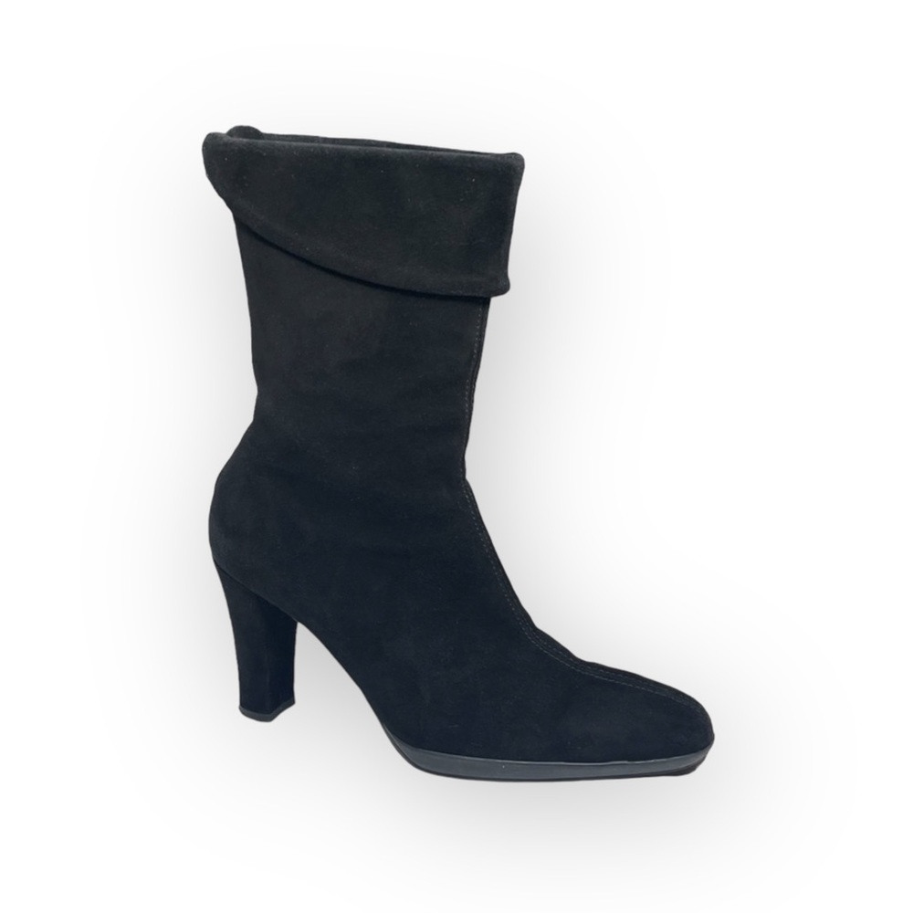 Aquatalia ⌘ Fold Over Suede Heeled Slouchy Boots ⌘ Back Zipper ⌘ Black 6.5M - Picture 1 of 16